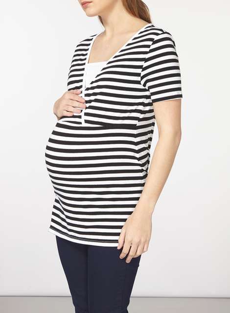 **Nursing Maternity Black and White Stripe Wrap Top